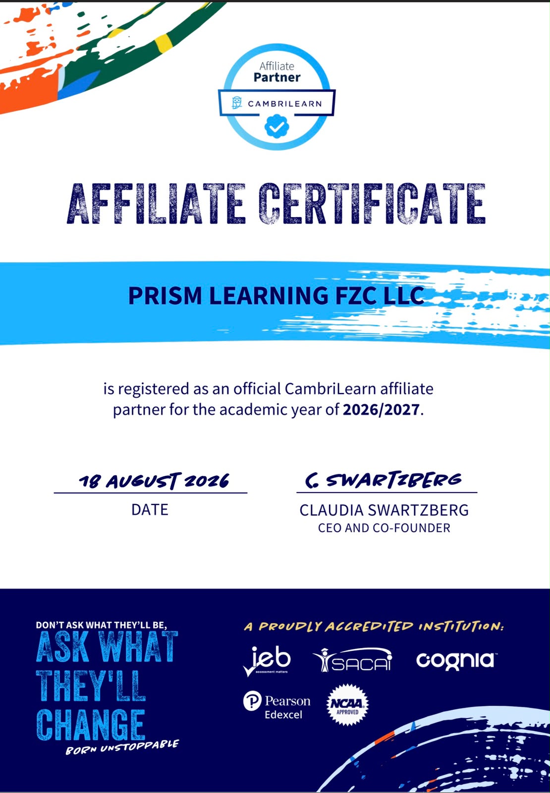 PRISM Learning FZC LLC official CambriLearn affiliate certificate 2026/2027